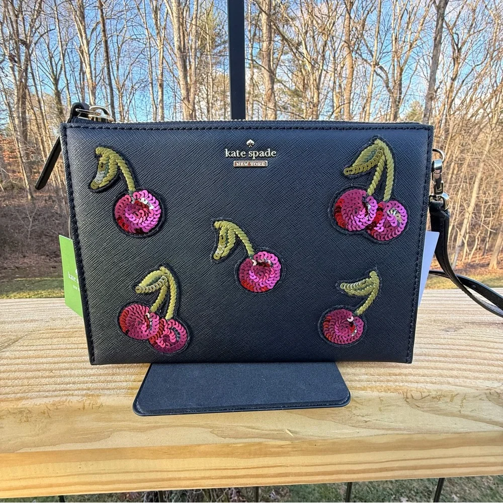 NWT Kate Spade Ma Cherie Sequined Cherry & Black Crossbody w/Branded Dustbag - Picture 1 of 9